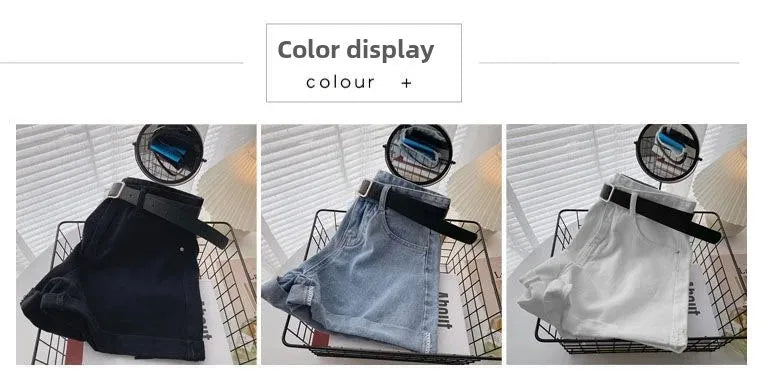 2022 New Spring Summer High-Waisted Slimming A- Line Denim Shorts Women's Loose-Fit Casual Heat Pants Rolled Edge Design