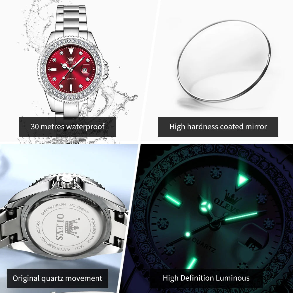 OLEVS Luxury Fashion Women's Watches Diamond Dial Luminous Quartz Watch Elegant Date Stainless Steel Original Brand Wrist Watch