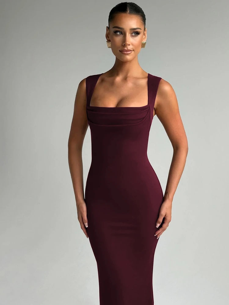 BOOFEENAA Square Neck Sleeveless Fishtail Maxi Dress Party Night Elegant Black Dresses Woman Luxury High Quality C70-CZ32