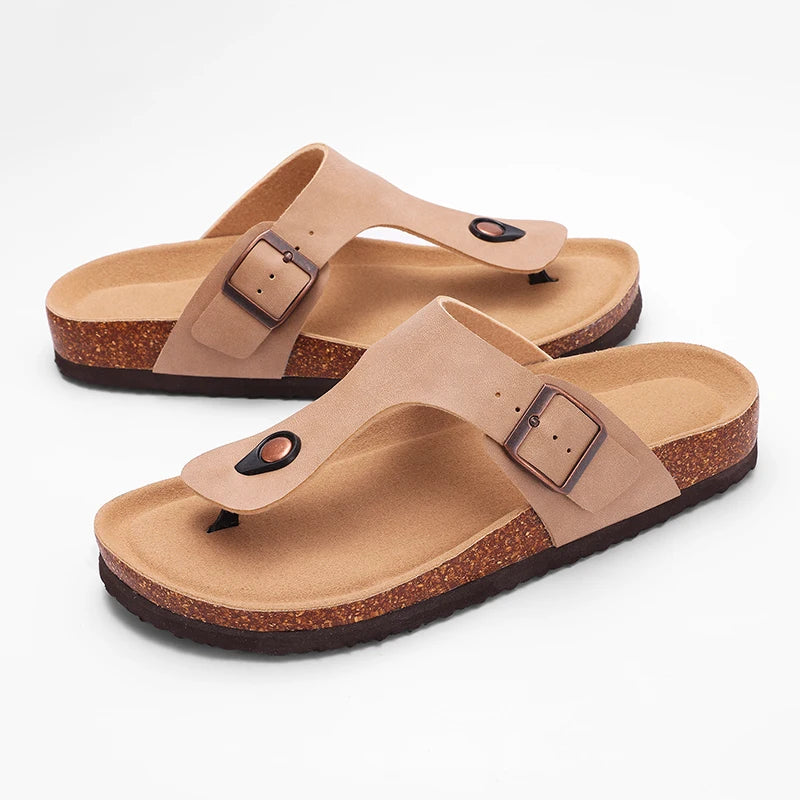 Pallene New Summer Women's Slippers With Arch Support Slip-On Outdoor Slides Cork Footbed Sandals With Adjustable Double Buckle