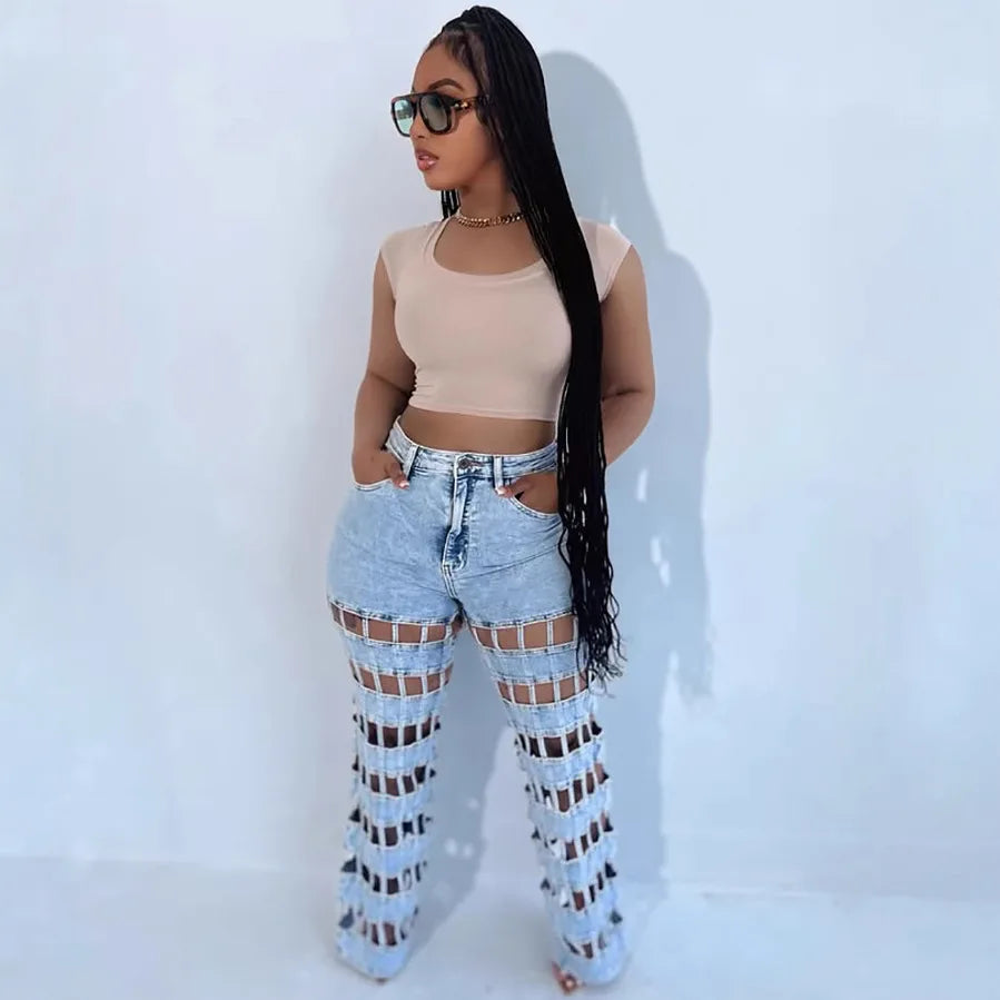 Denim Pant Women Jeans Long Pants Hollow Out High Waist Straight Mom Trousers Y2k Streetwear Elegant Splice Hole Casual Work