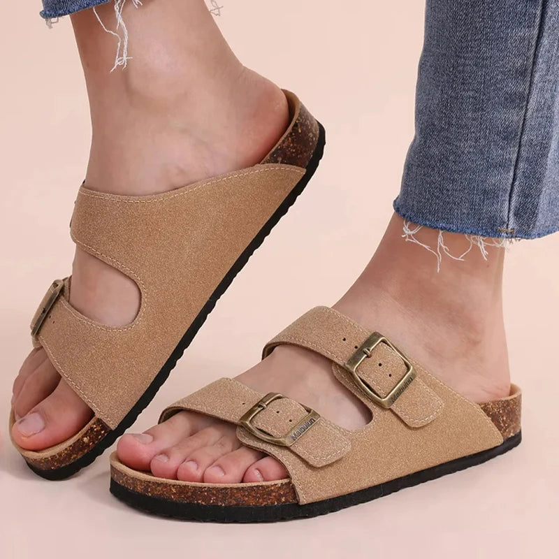 Pallene New Summer Women's Slippers With Arch Support Slip-On Outdoor Slides Cork Footbed Sandals With Adjustable Double Buckle
