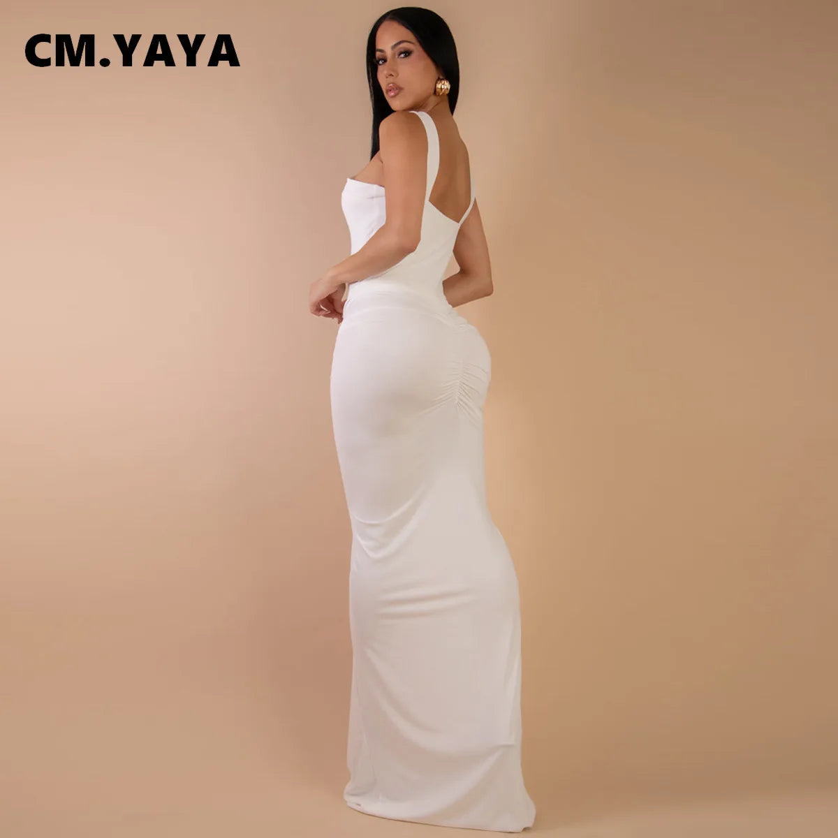 CM.YAYA Women Sleeveless Cross V-neck Ruched Stacked Midi Maxi Long Bodycon Dress 2025 Holiday Birthday Party Evening Dresses