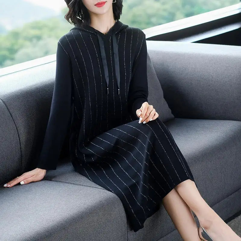 Temperamen Fashion Dresses Autumn Winter New WomenHooded Bright Silk Lacing Long Sleeve Loose Mid-length A-line Knitted Dress