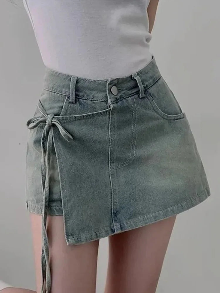 DFCF 2025 Spring Summe Jeans Streetwear Vintage Irregular Laced Up short Jeans Women Y2k Korean Fashion High Waist Straight Pant