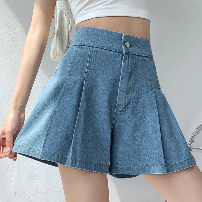 DFRCAEG 2024 Summer Plus Size Denim Shorts For Women High Elastic Waist Blue Or Sky Blue Pleated Mini Large Size Short Femme