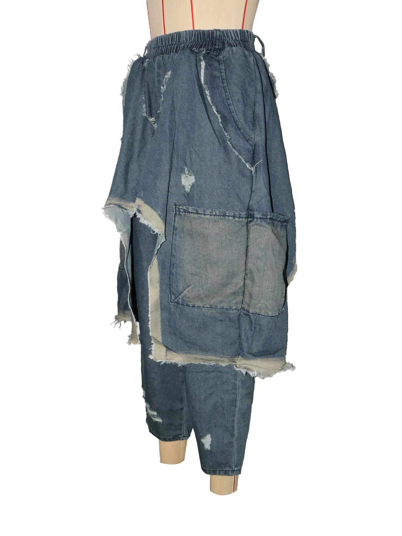 Jeans Women Harem Pants Hole Elastic Waist Tassels Washed Denim Pants Punk Y2k Streetwear 2025 Ripped Ankle Length Trousers