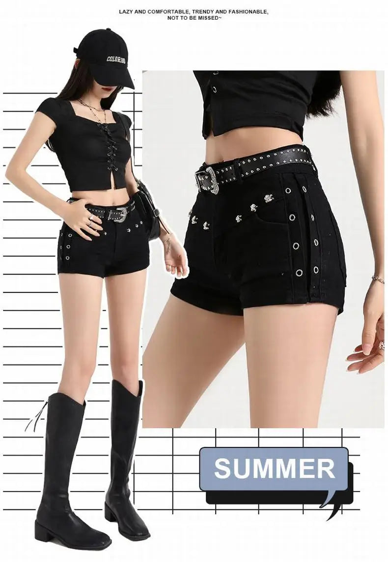 Summer Y2k Sexy Low Waist Mini Denim Shorts Women Vintage Korean Popular Girls Slight Strech Streetwear Gothic Rivet Black Jeans
