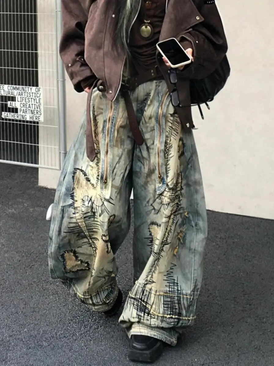 Casual Y2K Washed Retro Denim Trouser American Grunge Full Length Street Jean Women's Emo Pockets Hip-hop Baggy Mop Pants