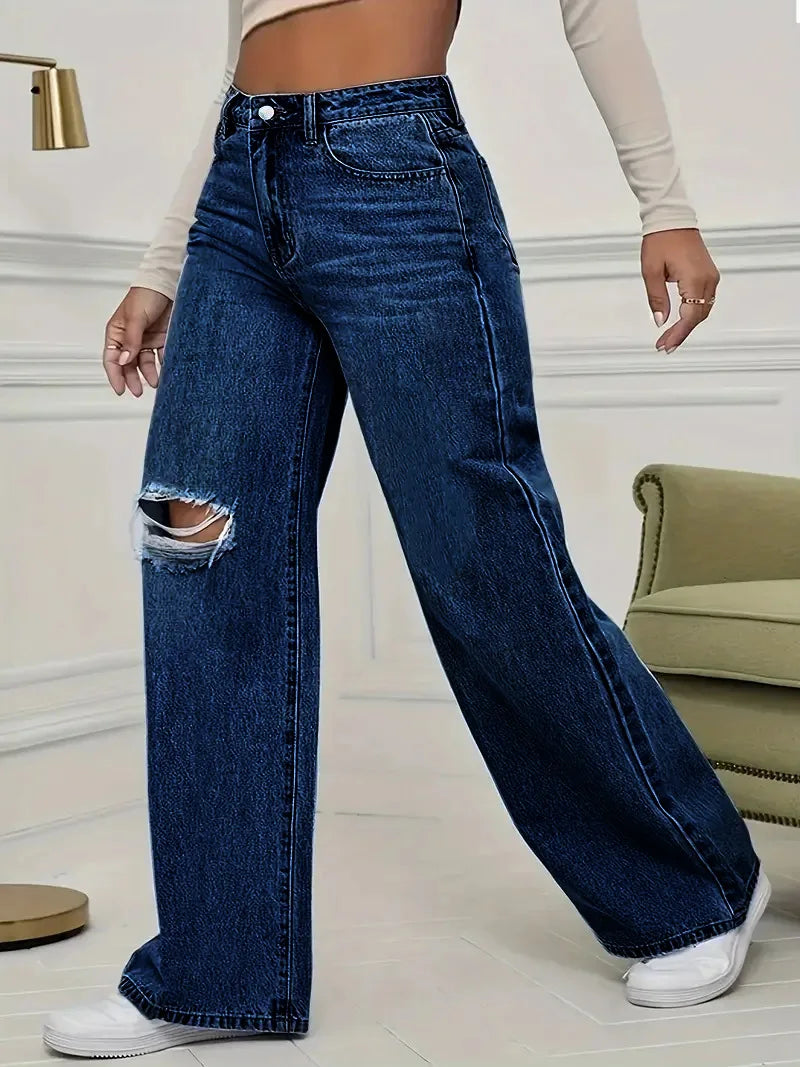 Washed Personality Hole Loose High Waist Denim Wide-leg Pants,Women's Four Seasons New Classic Fashion Casual Floor-length Jeans