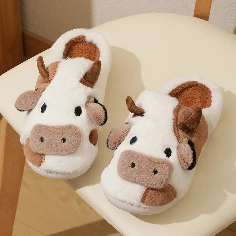 Winter Unisex Cartoon Cow Warm Plush Slippers Couple's Indoor Non-slip House Slides Men And Women Toe Wrap Home Cotton Shoes