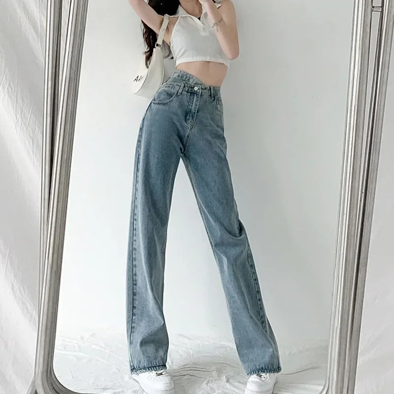 Design Sensibility High-Waisted Slimming Jeans Loose-Fit Straight-Leg Women's Korean Style Tie-Detail Wide-Leg Casual Trousers