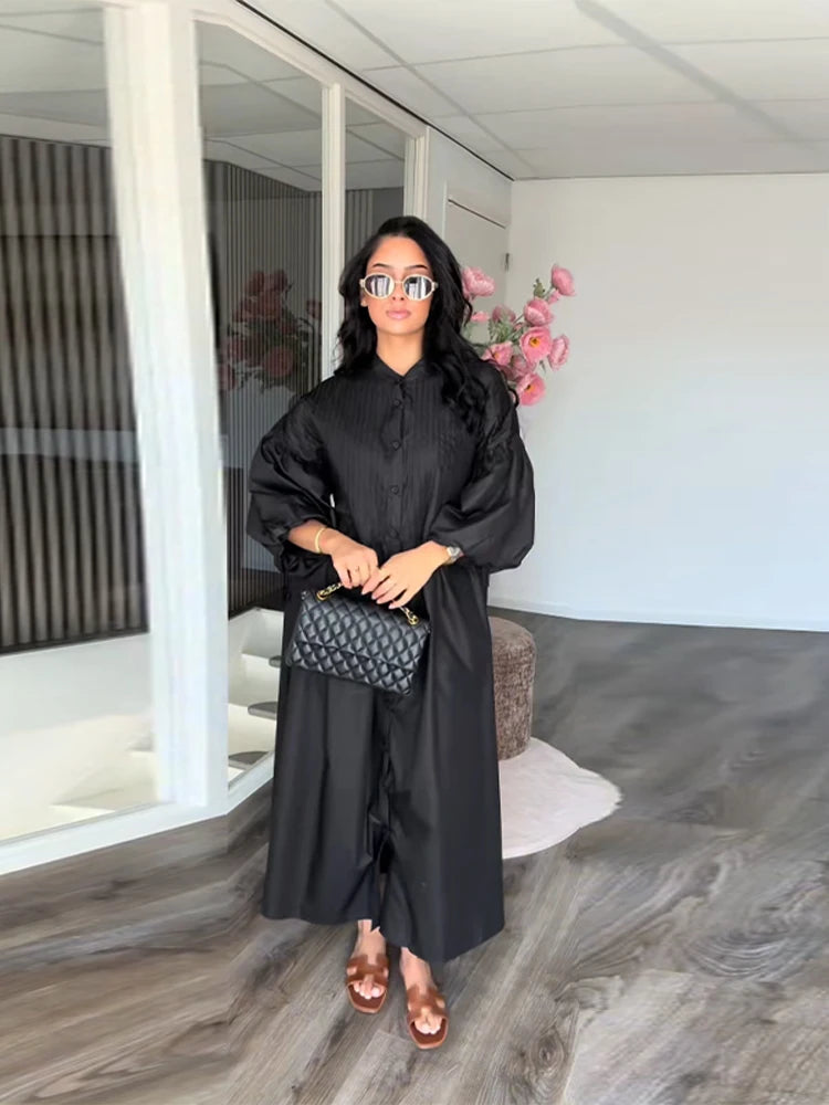 Loose Blue Single Breasted Long Dress Women Casual Full Puff Sleeve O-neck Pleated Patchwork Dresses 2025 Fashion Summer Robe