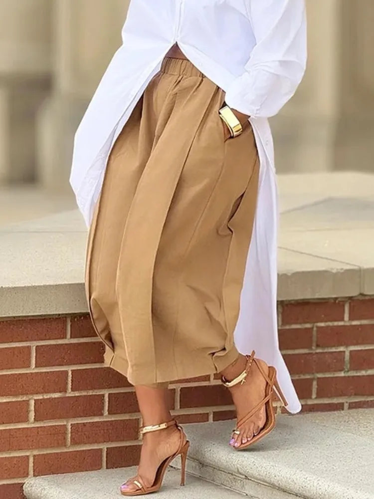Beautyblue Khaki Women's Pants Wide-leg Capri Pants Summer New Fashion Loose Pocket Elastic Waist Loose Cotton Cropped Trousers
