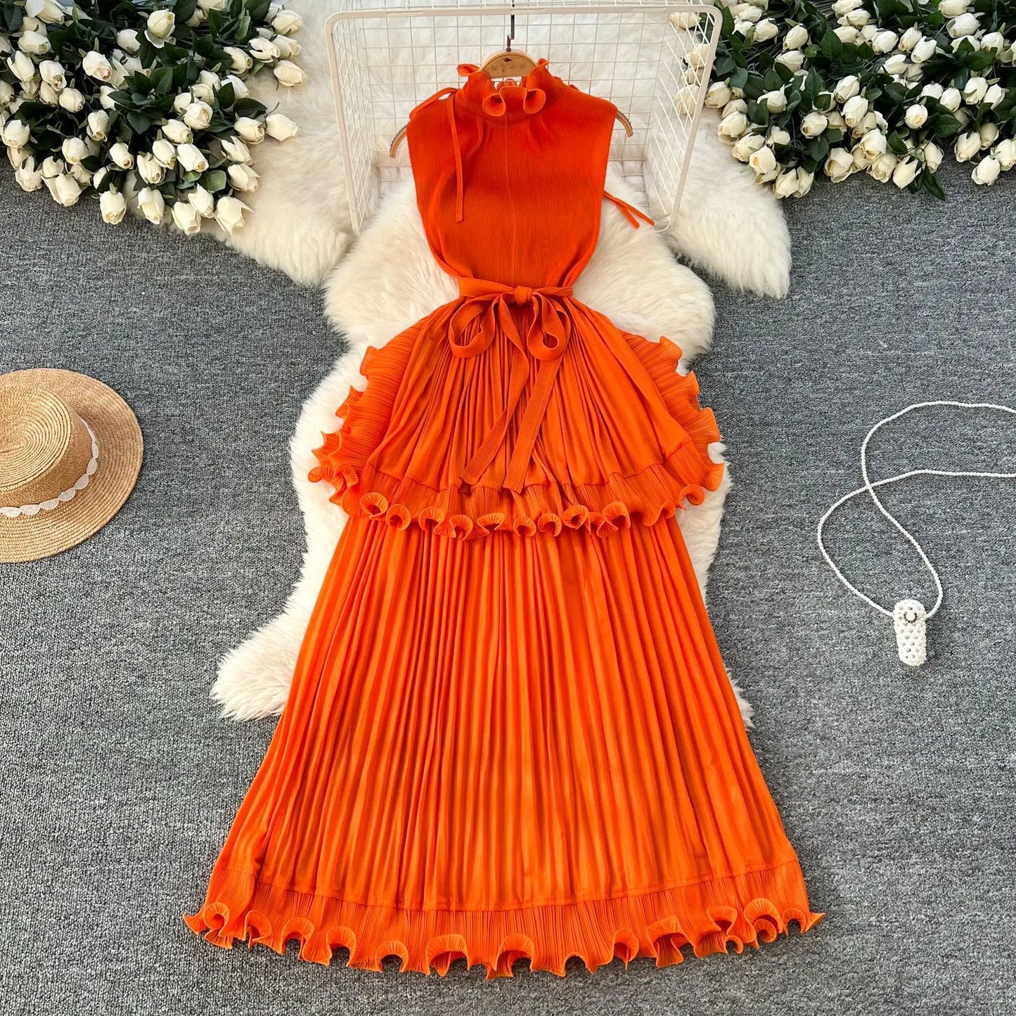 Miyake Pleated Dress Women Round Neck Sleeveless Solid Color Loos Style Patchwork New Tide 2025 Dresses
