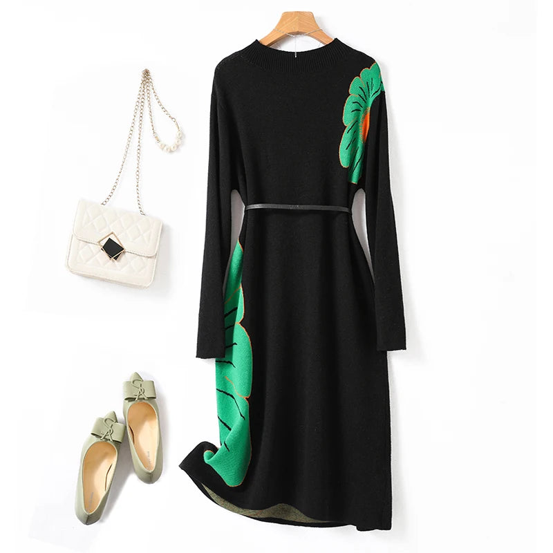 Female's Knitted Belt Knee Length Dresses Simple Comfortable Autumn Winter New Jacquard Dress Women Clothing Wool Vestidos