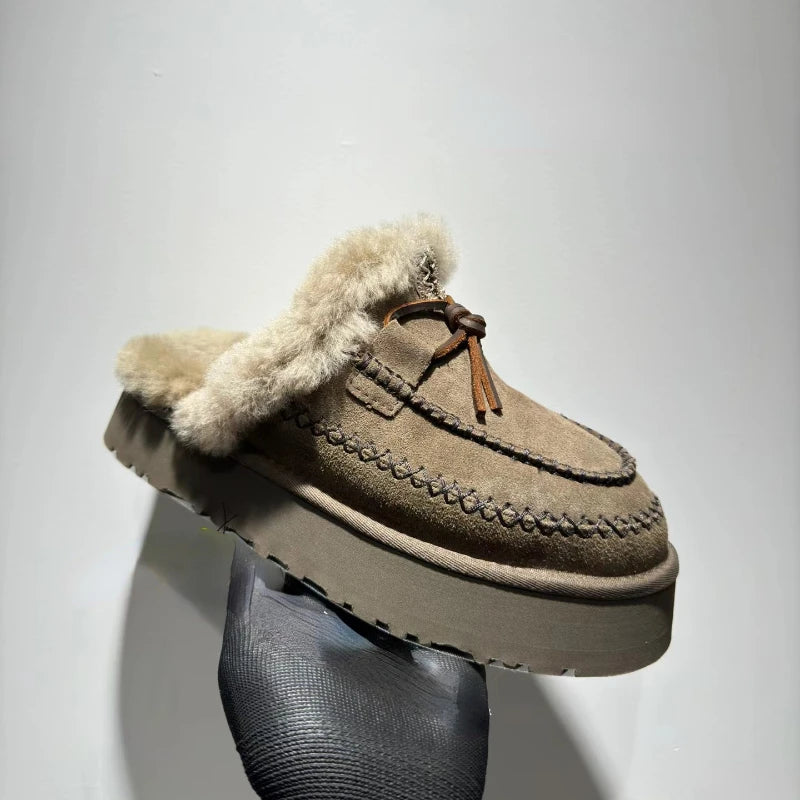 Genuine natural fur bare boots 2025 new winter flat wool shoes thick bottom lace decorative casual half drag Baotou drag