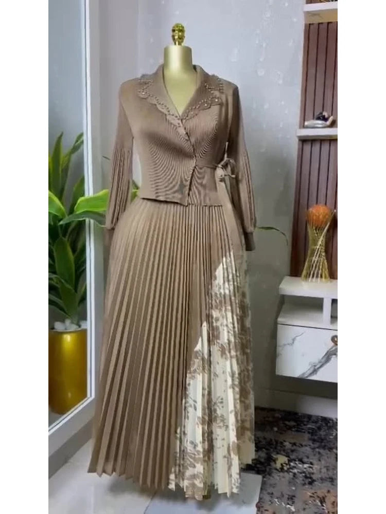 EGRM 2025 Spring New Pleated A-line Dress elegant Suit Collar Mid To Long Style Waist Cinching Slimming Women Folds Skirt 6G5972