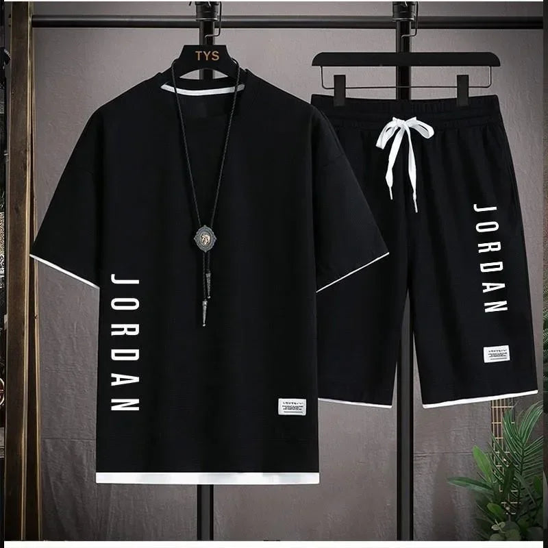 2025 summer fashion loose short sleeve casual T-shirt + shorts two-piece men's breathable fast drying fitness jogging suit