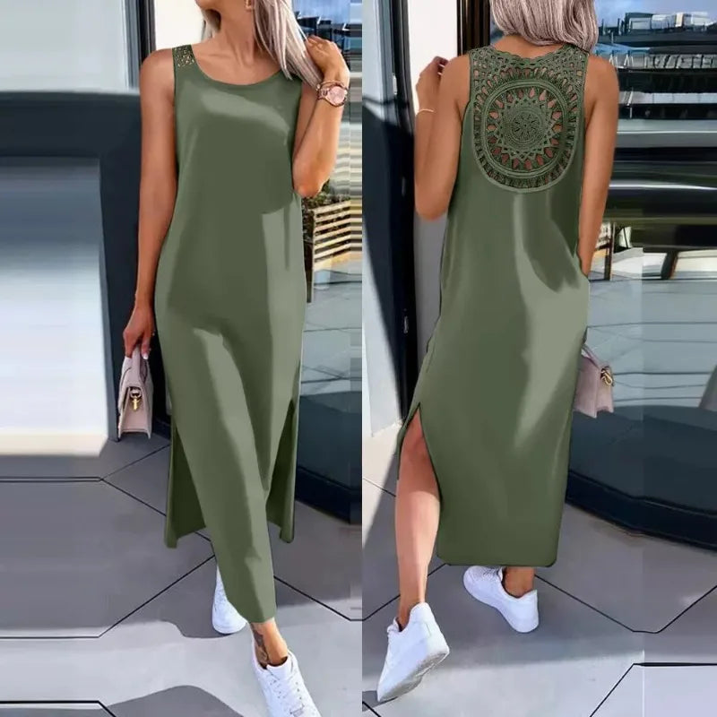 Spring Summer New Women's Clothing Solid Color V-neck Vest Back Lace Cutout Slit Casual Dress