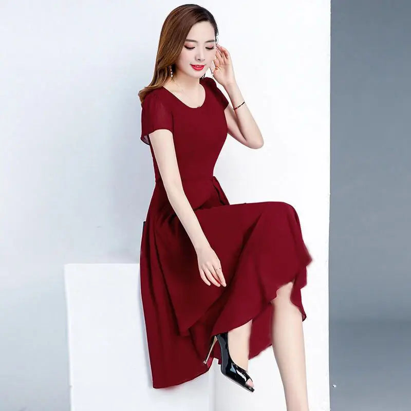 High Street Chiffon Fashion Pullover Dresses O-Neck Empire Solid Women's Clothing 2022 New Popularity Spring Autumn Silky Trend