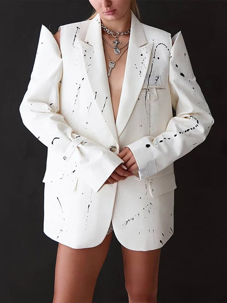 Print Cold Shoulder Long Sleeve Suit Jacket Women Fashion Turn-down Collar Single Breasted Pockets Blazers Locomotive Outerwear