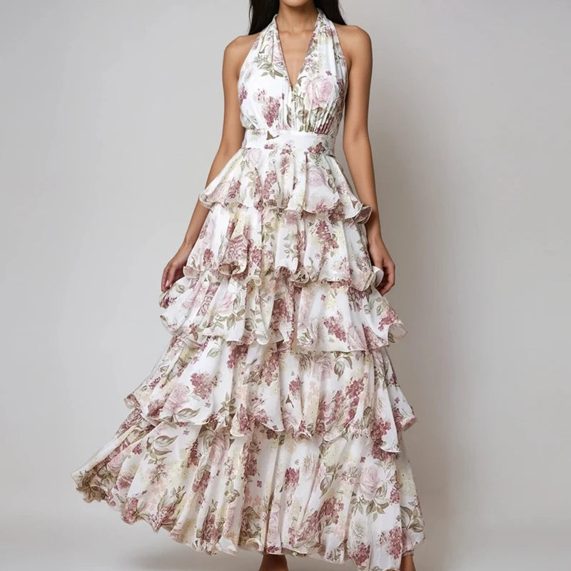 Summer New Floral Printed Halter Dress Sexy Deep V Sleeveless Backless Evening Dresses Temperament High Waisted Lace Up Dresses