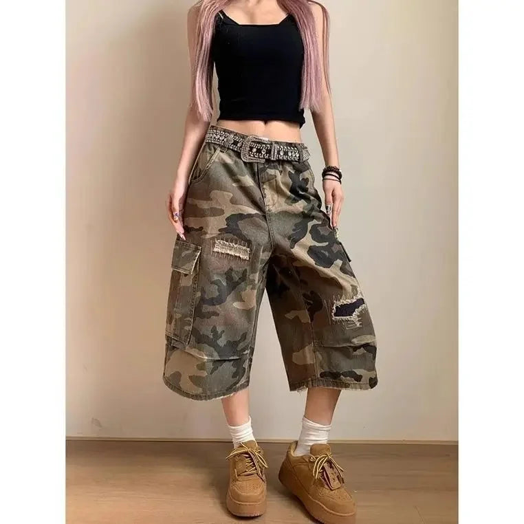 Plus Size American Style Distressed Patch Straight Leg Camouflage Seven-Foot Women's Jeans Casual Loose Slimming Shorts