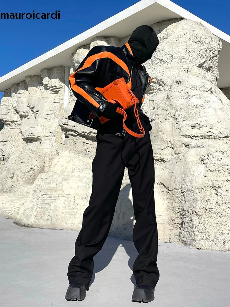 Mauroicardi Spring Autumn Cool Loose Orange and Black Color Block Faux Leather Jacket Men Luxury Designer Zip Up Clothes 2023