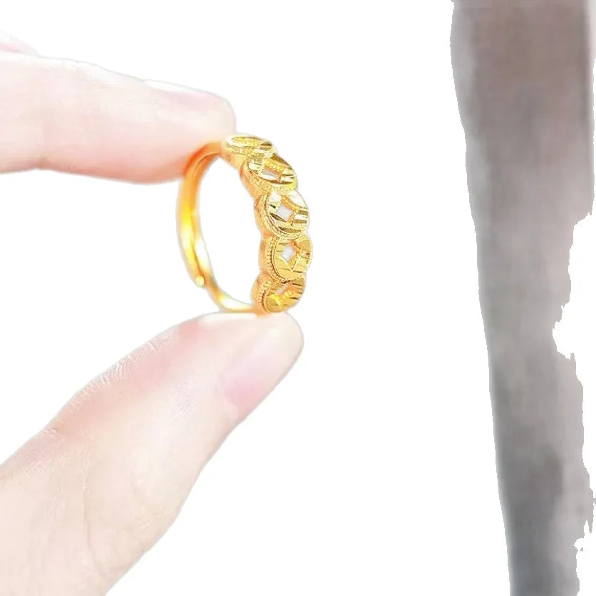 Women's Coin Open Ring, 24K Gold, AU999 | "Stability" engraving with square-hole motifs, subtle professional elegance.