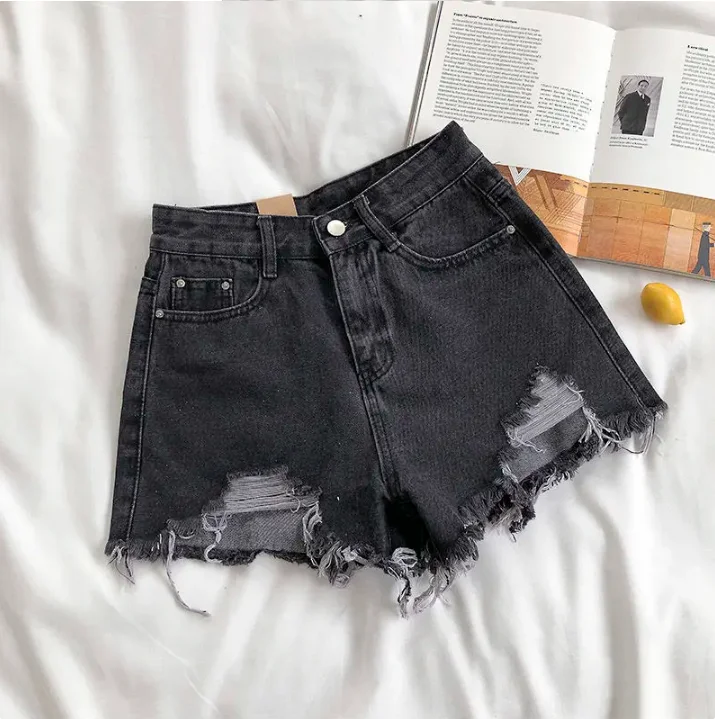 Summer New Style Wide Leg Pants Candy Color Ripped Denim Shorts Female High Waist Green A-line Women Jeans Hot Shorts Pants