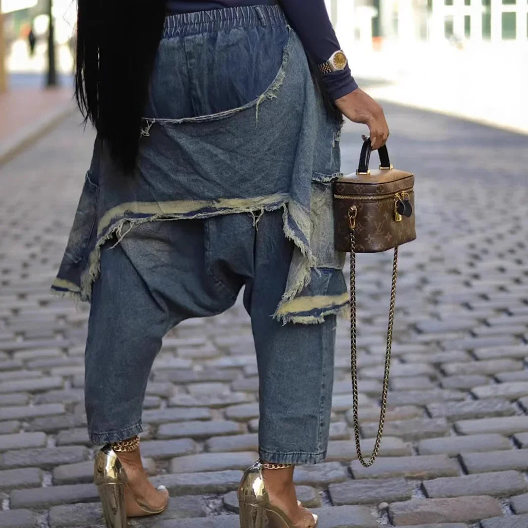 Jeans Women Harem Pants Hole Elastic Waist Tassels Washed Denim Pants Punk Y2k Streetwear 2025 Ripped Ankle Length Trousers