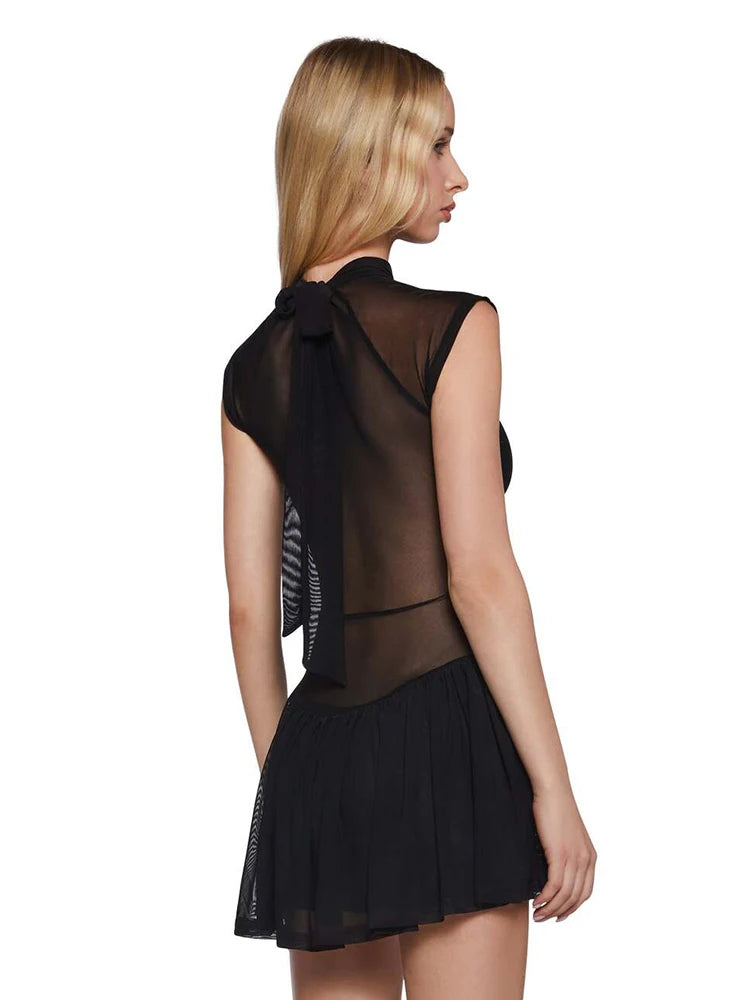 Weird Puss Hollow Sexy Dress Women o-Neck Coquette Sleeveless Patchwork Pleated Hem Halter Summer Midnight Clubwear Mini Bodycon