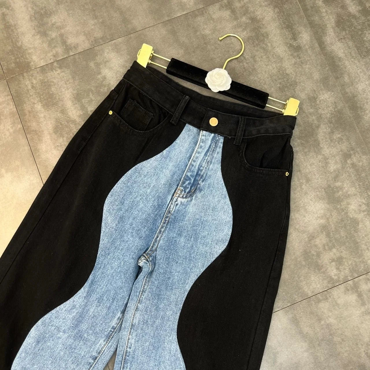 PREPOMP 2022 Summer New Arrivals Blue Denim Patchwork Long Pants Women Full Length Jeans Streetwear GF672