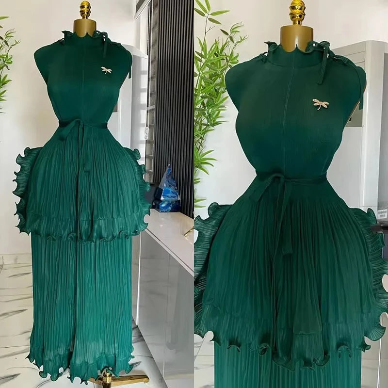 Miyake Pleated Dress Women Round Neck Sleeveless Solid Color Loos Style Patchwork New Tide 2025 Dresses