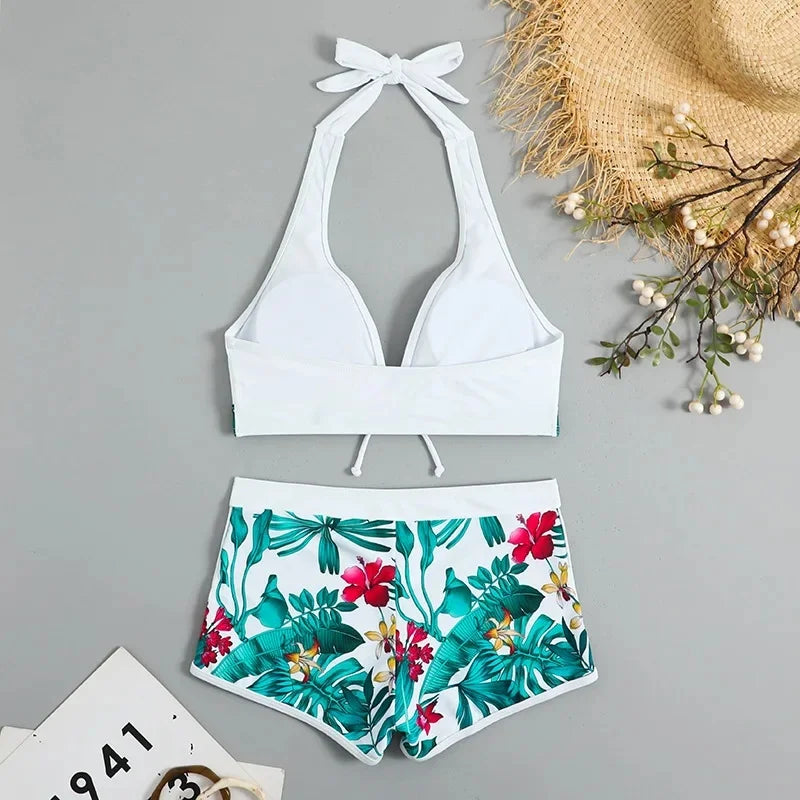 Sexy Print Halter Neck Bikini Set High Waist Women's Swimsuit Cross-Border New Arrival Hot Sale Of The Season Trendy Split Desig