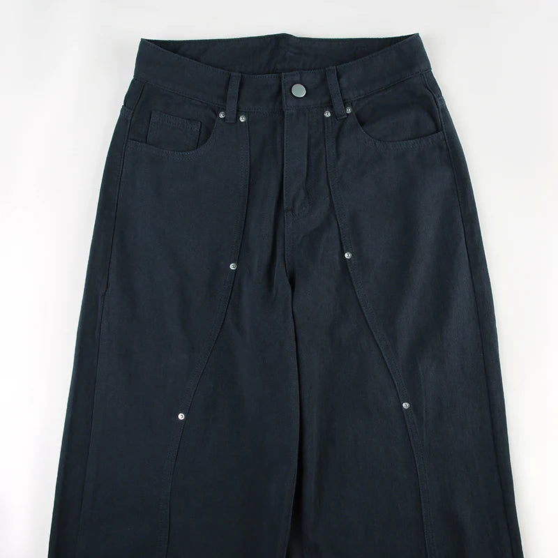 IAMSURE Casual Loose Rivet Jeans Wide Leg Pants Basic Low-Waisted Straight Pants Women 2025 Spring Autumn Streetwear Ladies