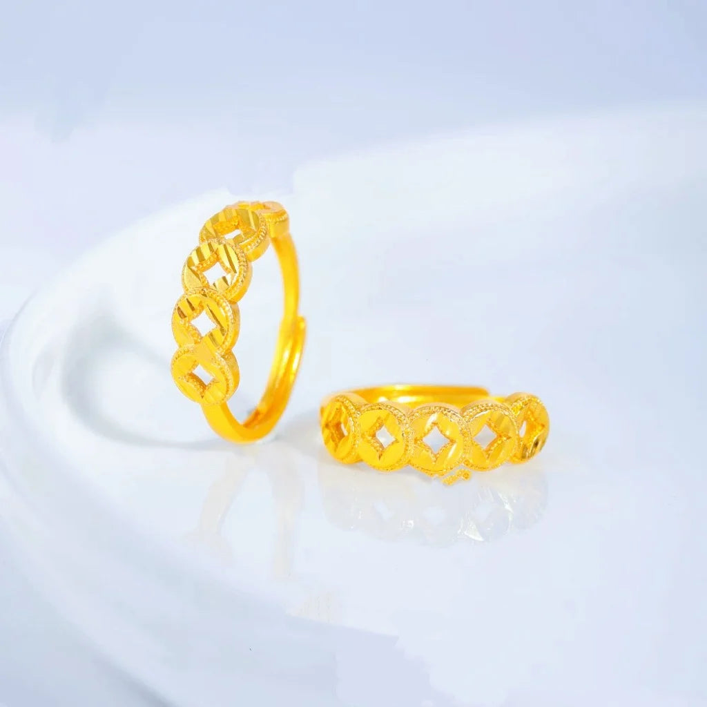 Women's Coin Open Ring, 24K Gold, AU999 | "Stability" engraving with square-hole motifs, subtle professional elegance.