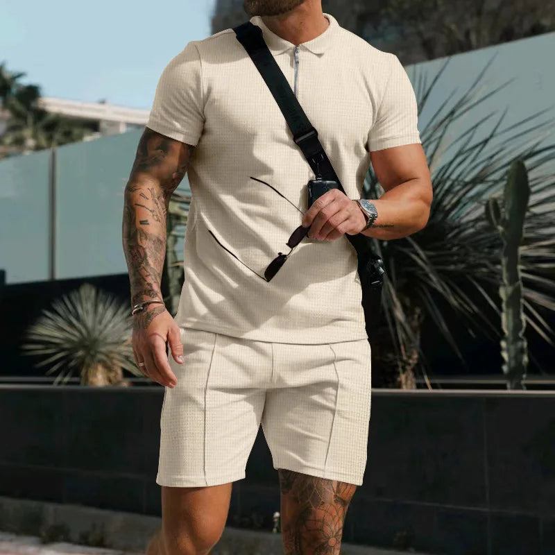 Fashion Casual Men's Short Sleeve Shorts Set Summer Breathable Solid Color Loose Lapel T-shirt Set Men Men Clothing