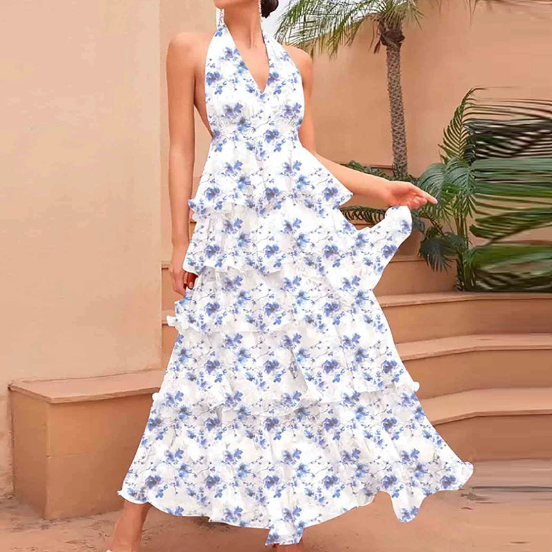 Summer New Floral Printed Halter Dress Sexy Deep V Sleeveless Backless Evening Dresses Temperament High Waisted Lace Up Dresses