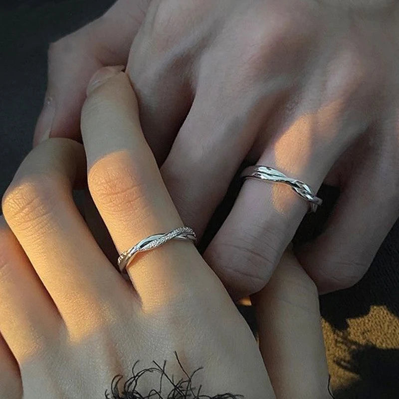 Fashion Couple Rings Set Silver Color Simple Opening Adjustable Finger Ring Light Luxury Jewelry For Women Men Anniversary Gift