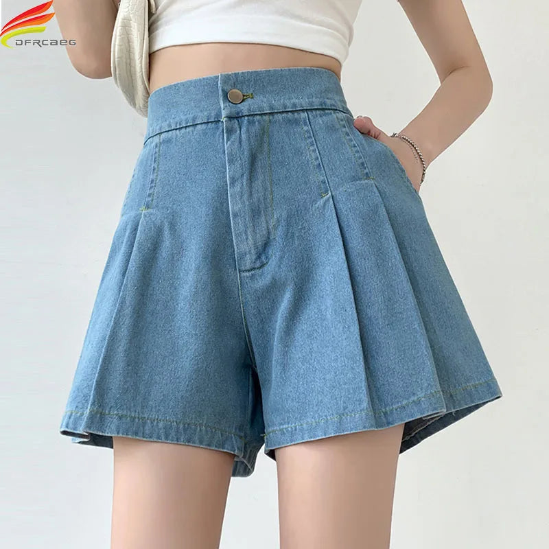 DFRCAEG 2024 Summer Plus Size Denim Shorts For Women High Elastic Waist Blue Or Sky Blue Pleated Mini Large Size Short Femme