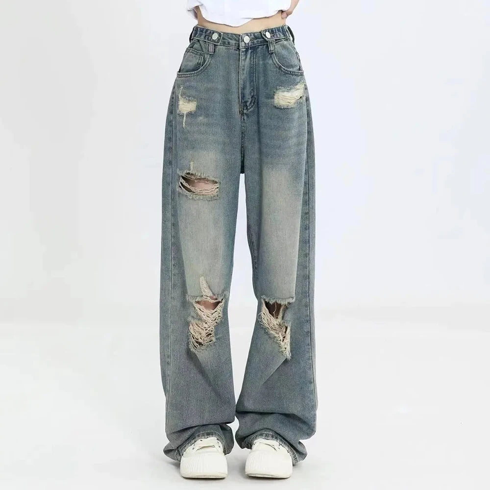 American Vintage Hole Y2k Women Jeans High Waist Jeans Wide Leg Baggy Loose Straight Hip Hop Streetwear Dragging Denim Pants