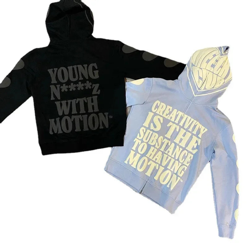 Y2K Clothes Foam Printed High Street Hip-Hop Loose Zipper Hoodie Men Gothic Harajuku Casual Street Oversized Sweatshirt Unisex