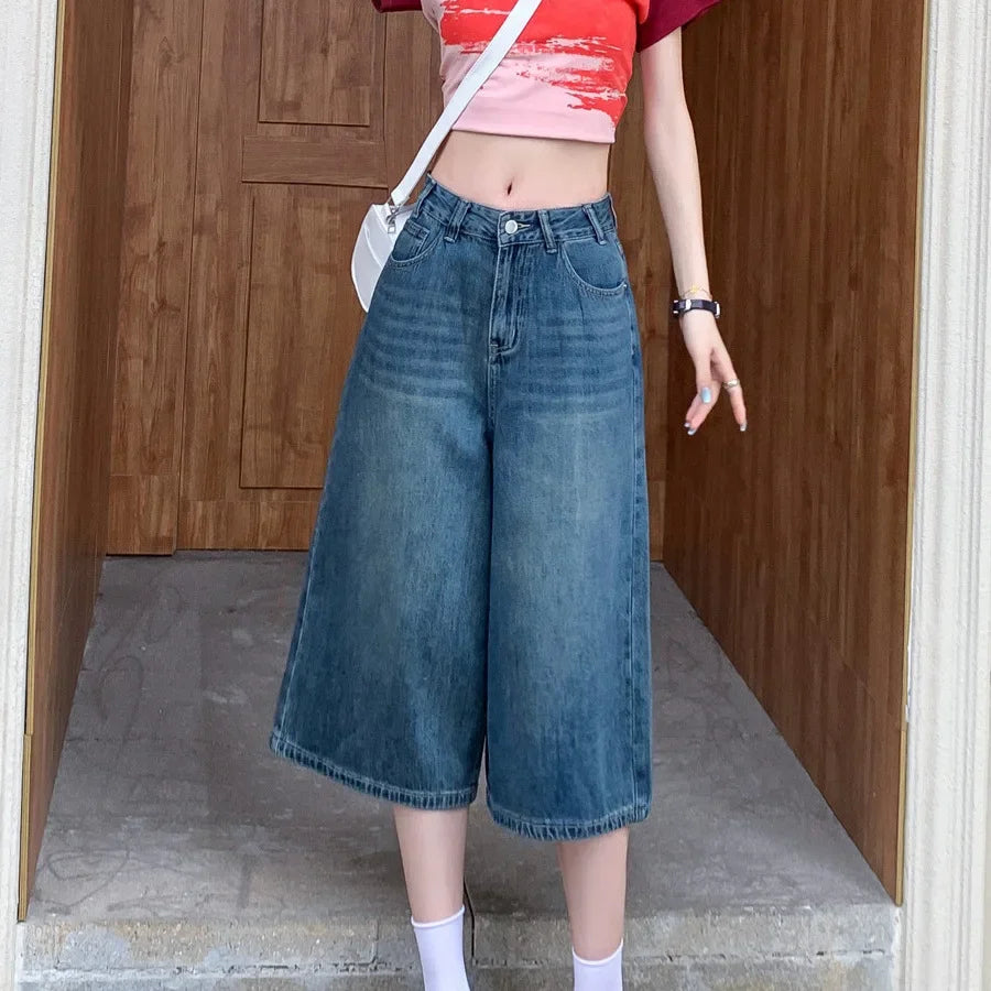 American Retro High Street Straight Leg Jeans Chic High Waist Versatile Wide Leg Seven-Foot Mid-Calf Pants Summer New Arrival