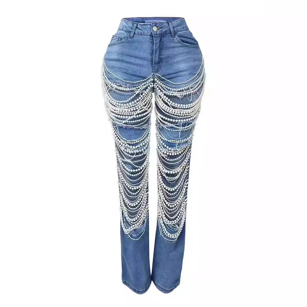 Ripped Jeans for Women Straight Pants Diamonds Chain Stretch Distressed High Waist Floor Length 2025 Streetwear Denim Trousers