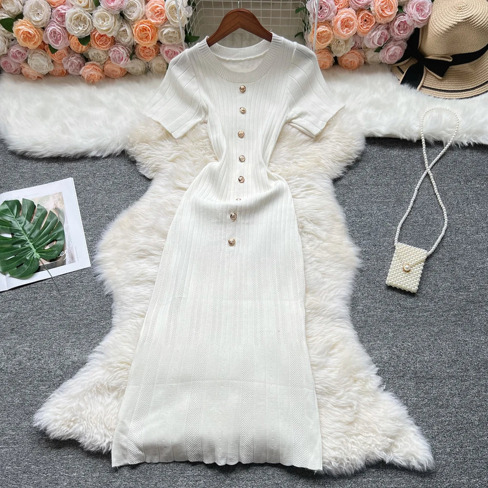 YuooMuoo 2025 Summer Women Knitted Long Dress Brand Fashion O-neck Buttons Bodycon Sweater Dress Elegant Lady Office Vestidos