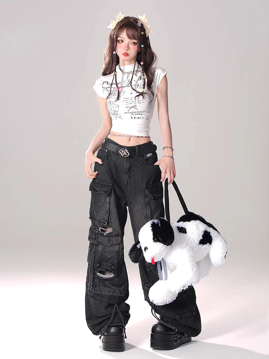 REDDACHiC Multi-pocket Destroyed Baggy Jeans Women Vintage Wash Black High Waist Wide Leg Cargo Pants Trousers Grunge Streetwear