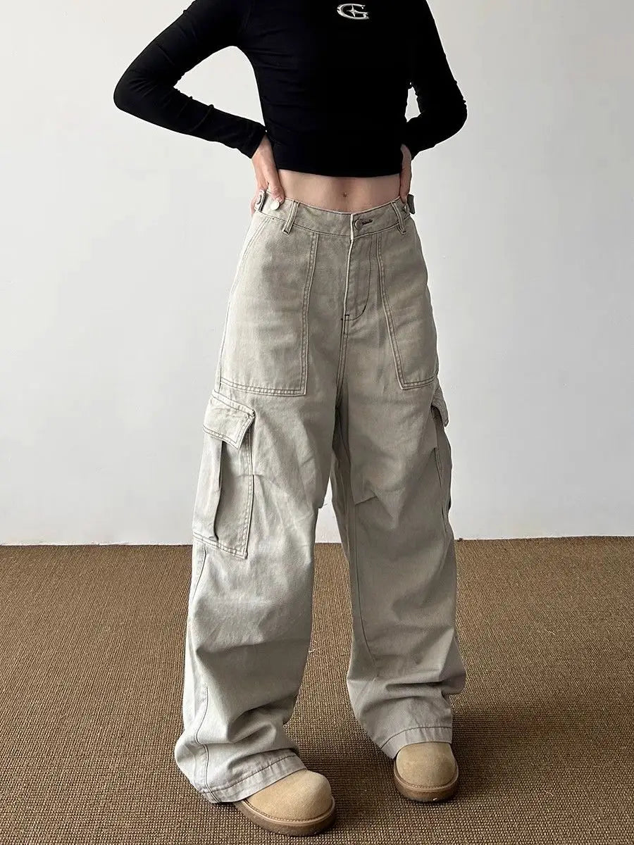 American Retro Multi-pocket Cargo Jeans With Big Pocket Do Old and Washed Jeans Denim Trousers Women Baggy Pants Y2k Clothing