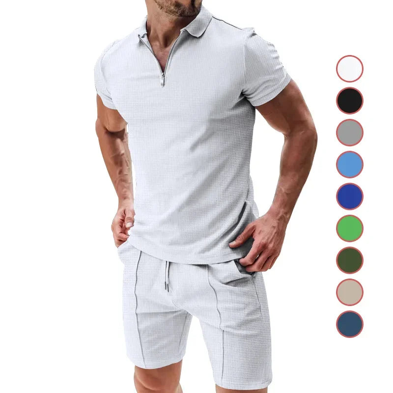 Fashion Casual Men's Short Sleeve Shorts Set Summer Breathable Solid Color Loose Lapel T-shirt Set Men Men Clothing